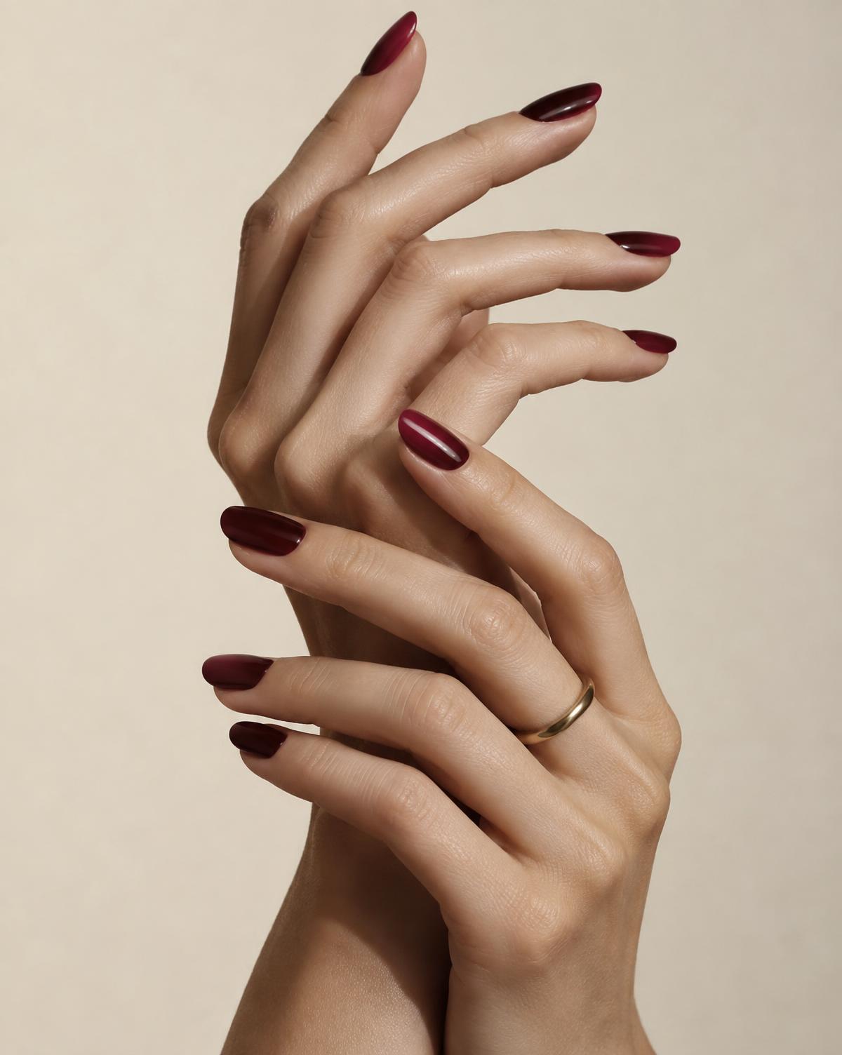Bordowy manicure w editorialowej kompozycji