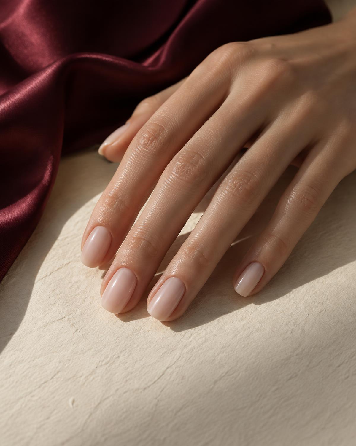 Minimalistyczny mleczny manicure na tle papieru